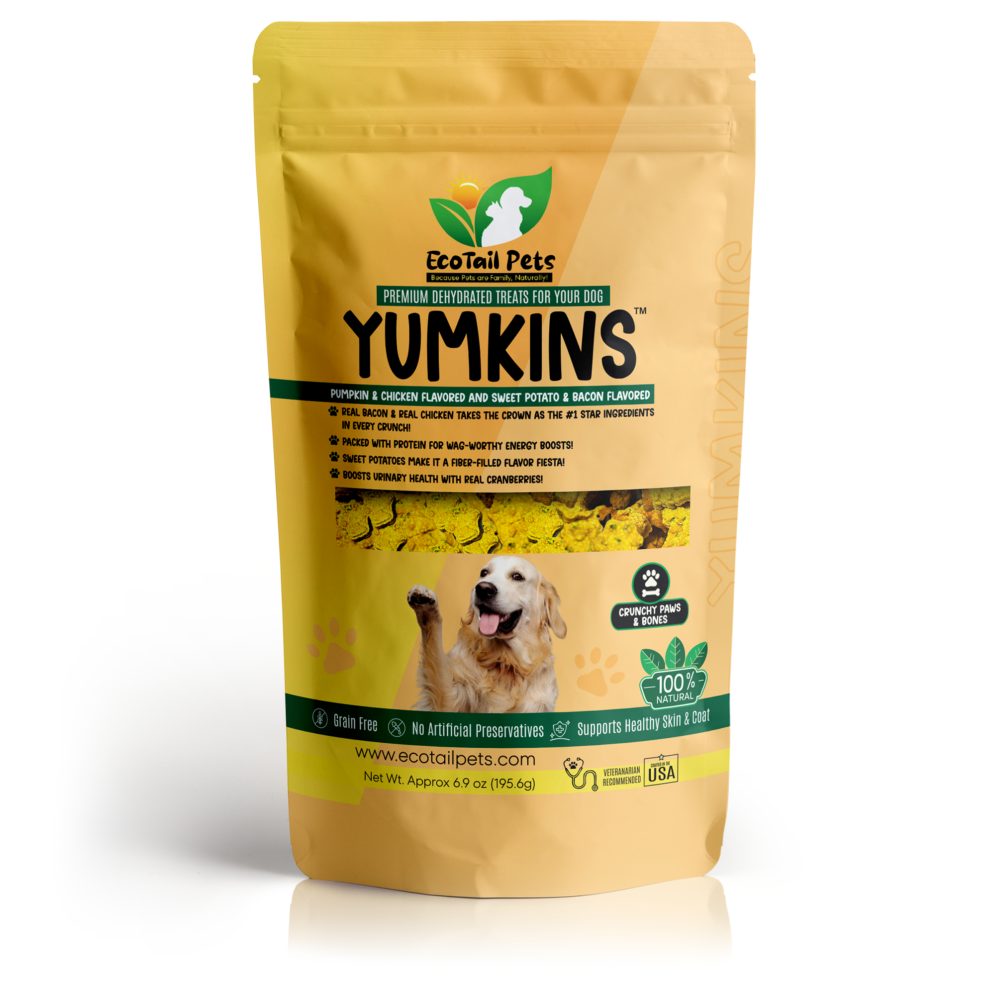 Yellow pet treat package with dog image and text.