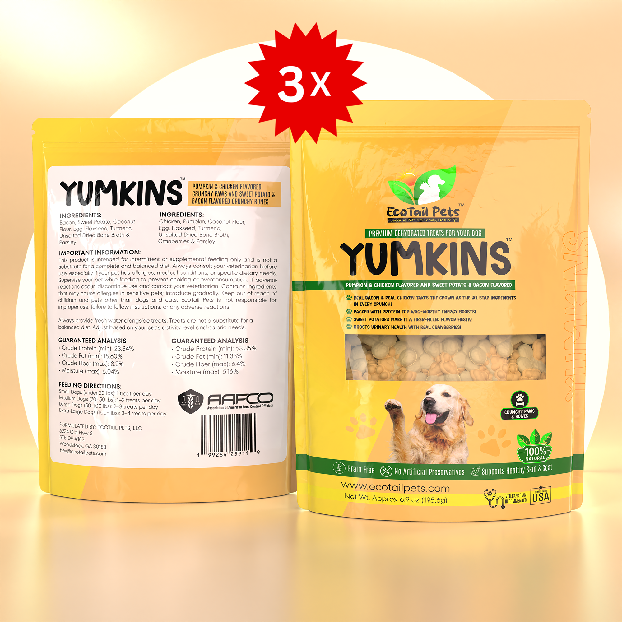Three packages of Yumkins pet treats, featuring two flavors: one with pumpkin and chicken, and one with sweet potato and bacon. Each package is clearly marked with the respective flavor and additional product details.