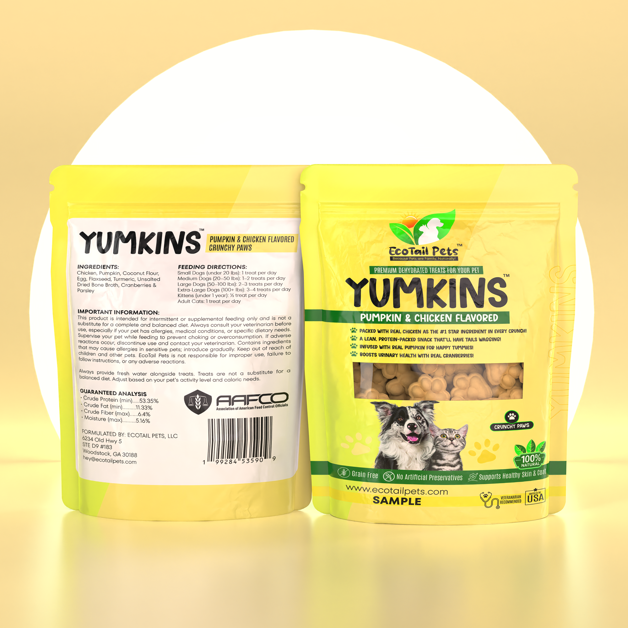 Yellow pet treat packaging with branding and ingredient details on a yellow background.