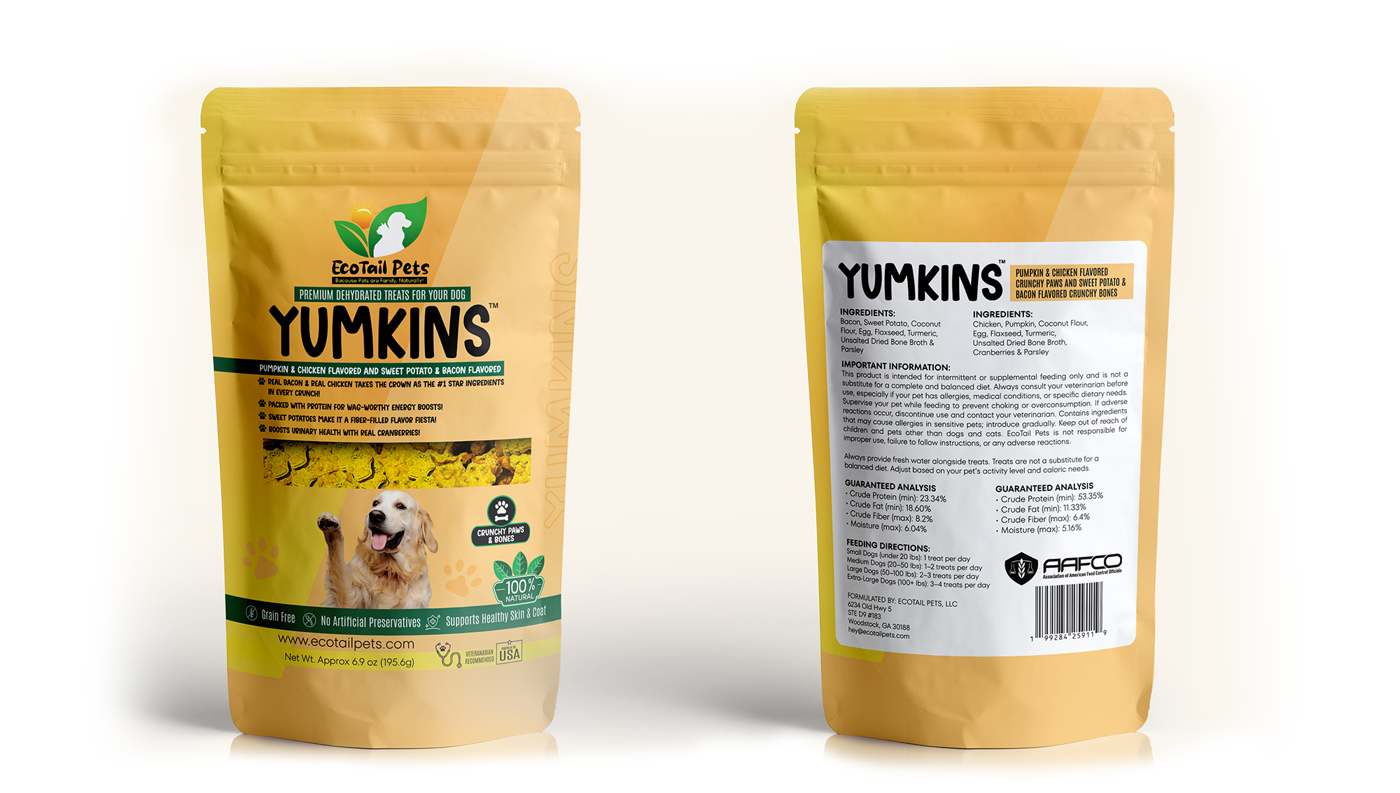 Pet food packaging with front and back views on a white background