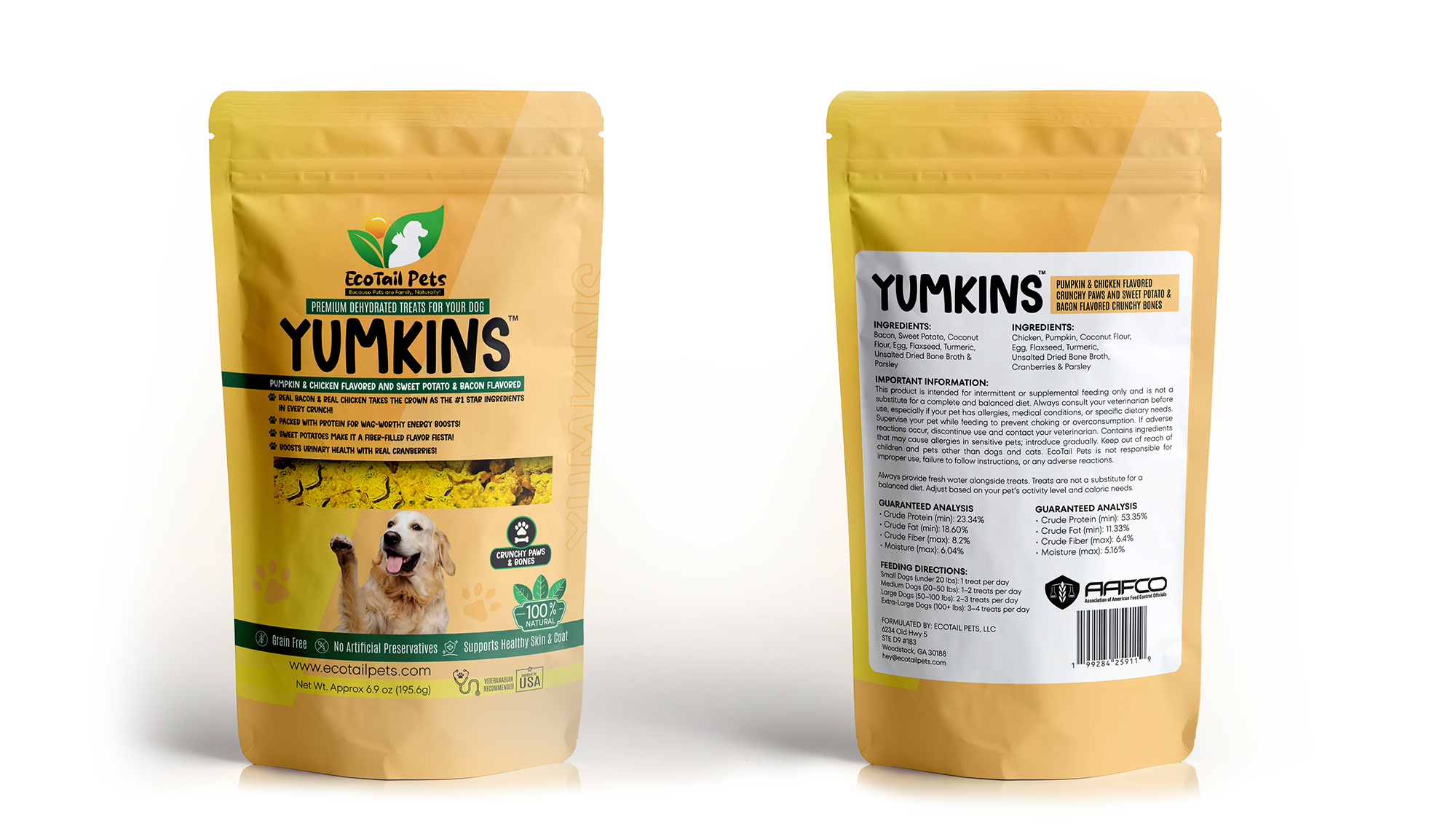Yellow pet food packaging with front and back views showing product details and branding.