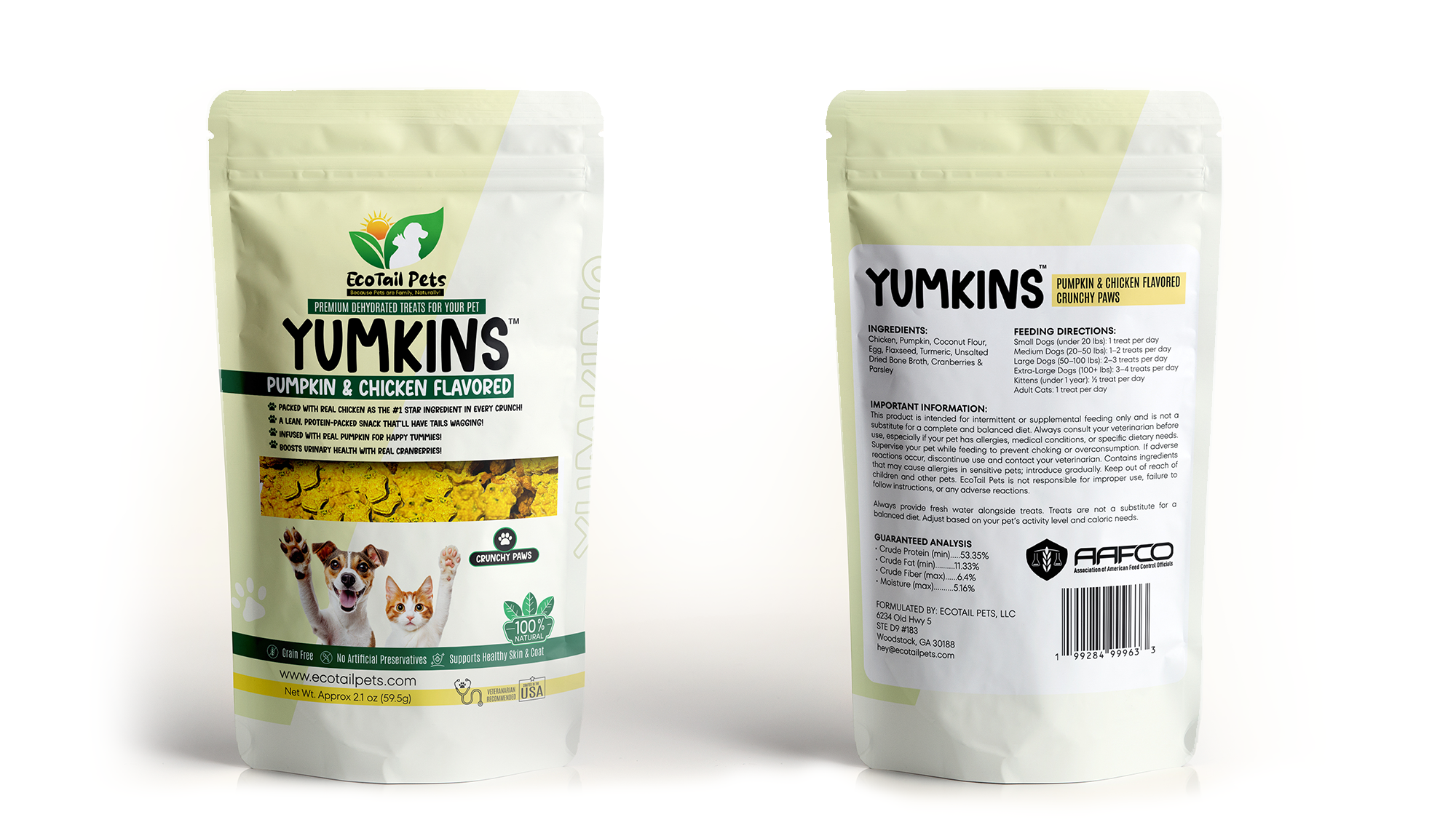 Pet food packaging with front and back views on a white background