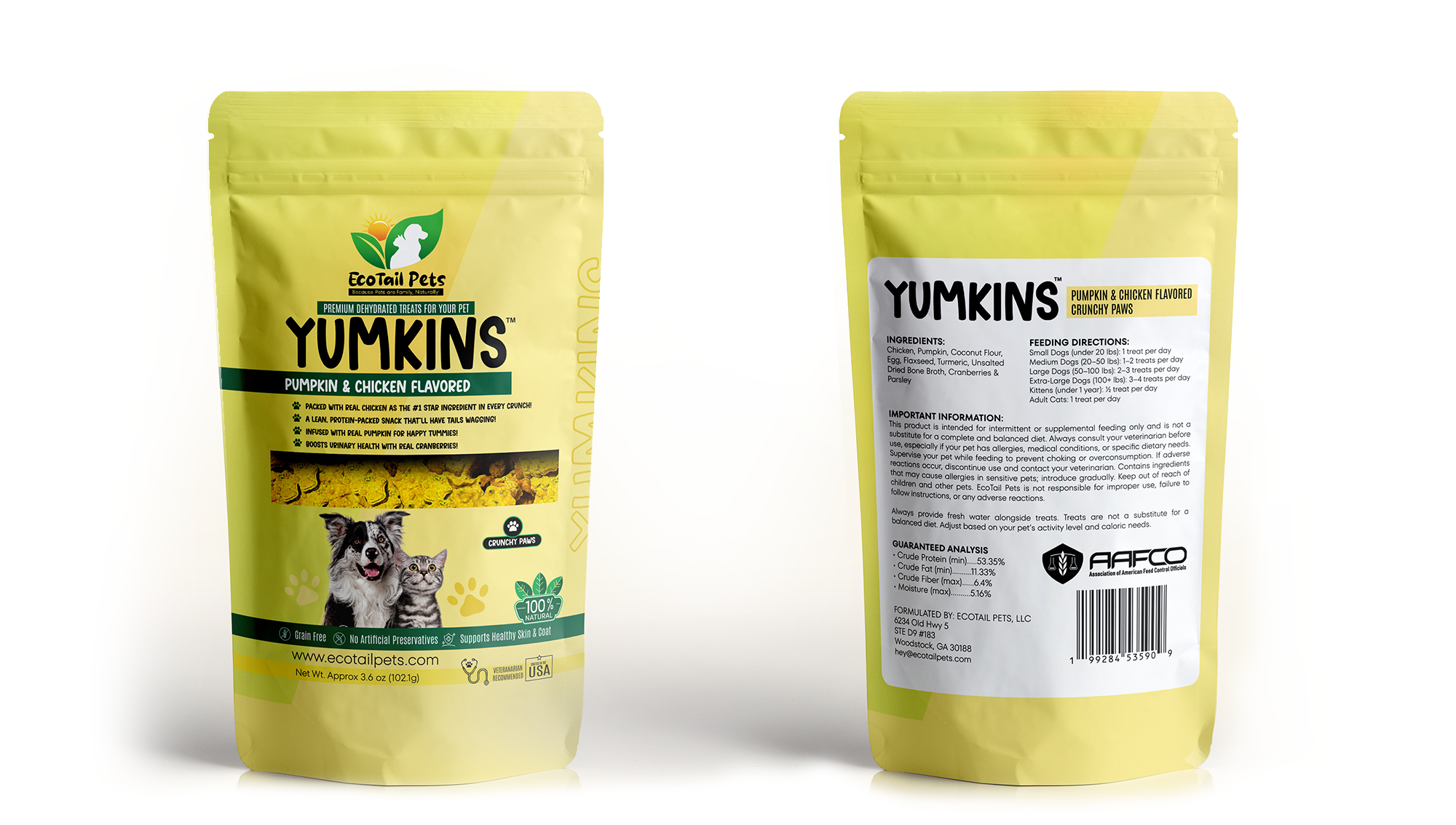 Yellow pet food packaging with front and back views on a white background
