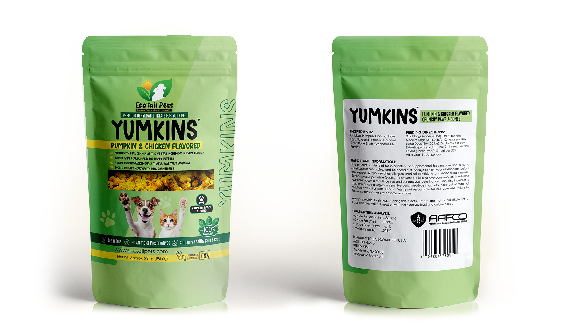 Green pet food packaging with front and back views on a white background