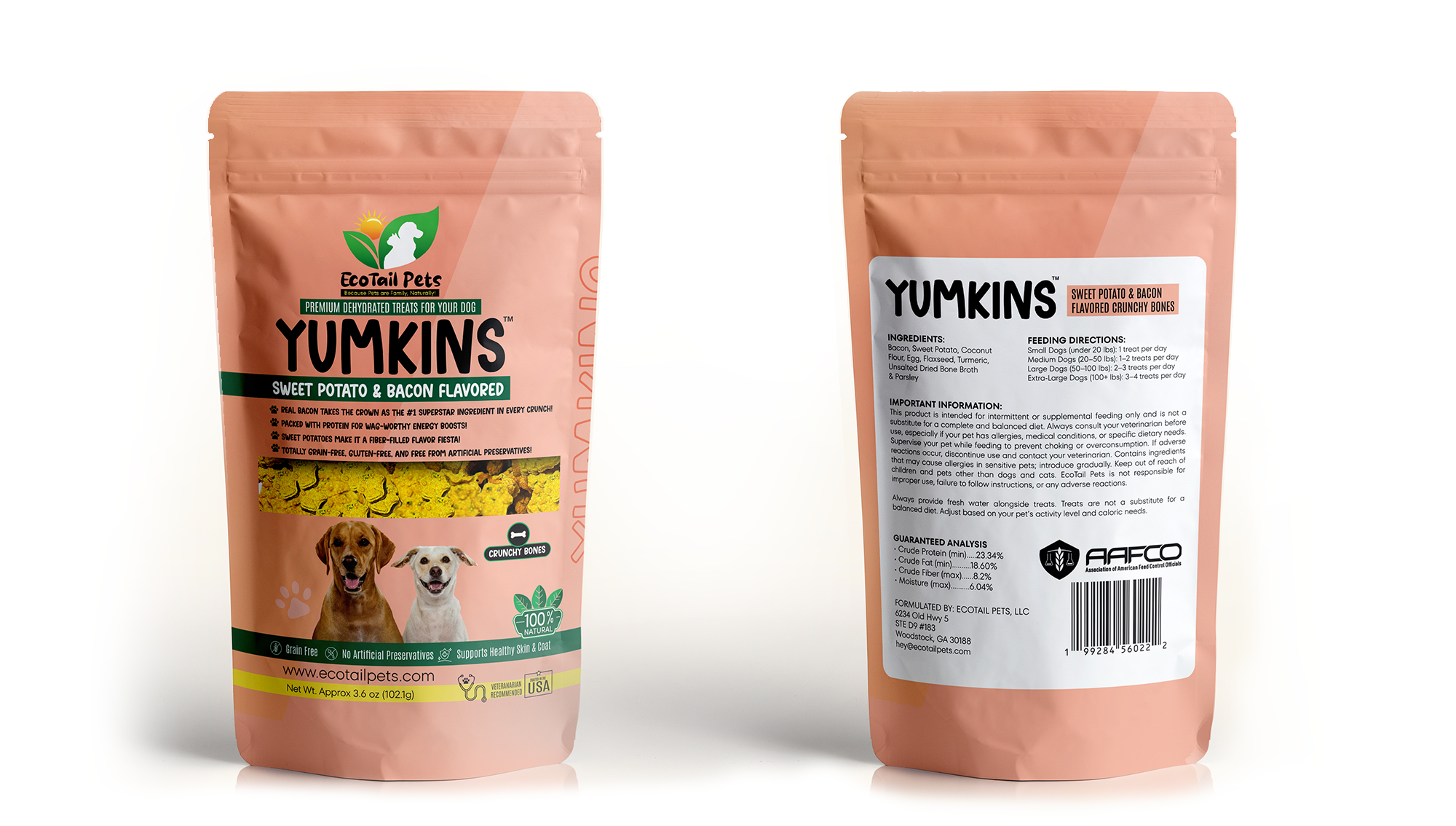 Pet food packaging with front and back labels on a white background