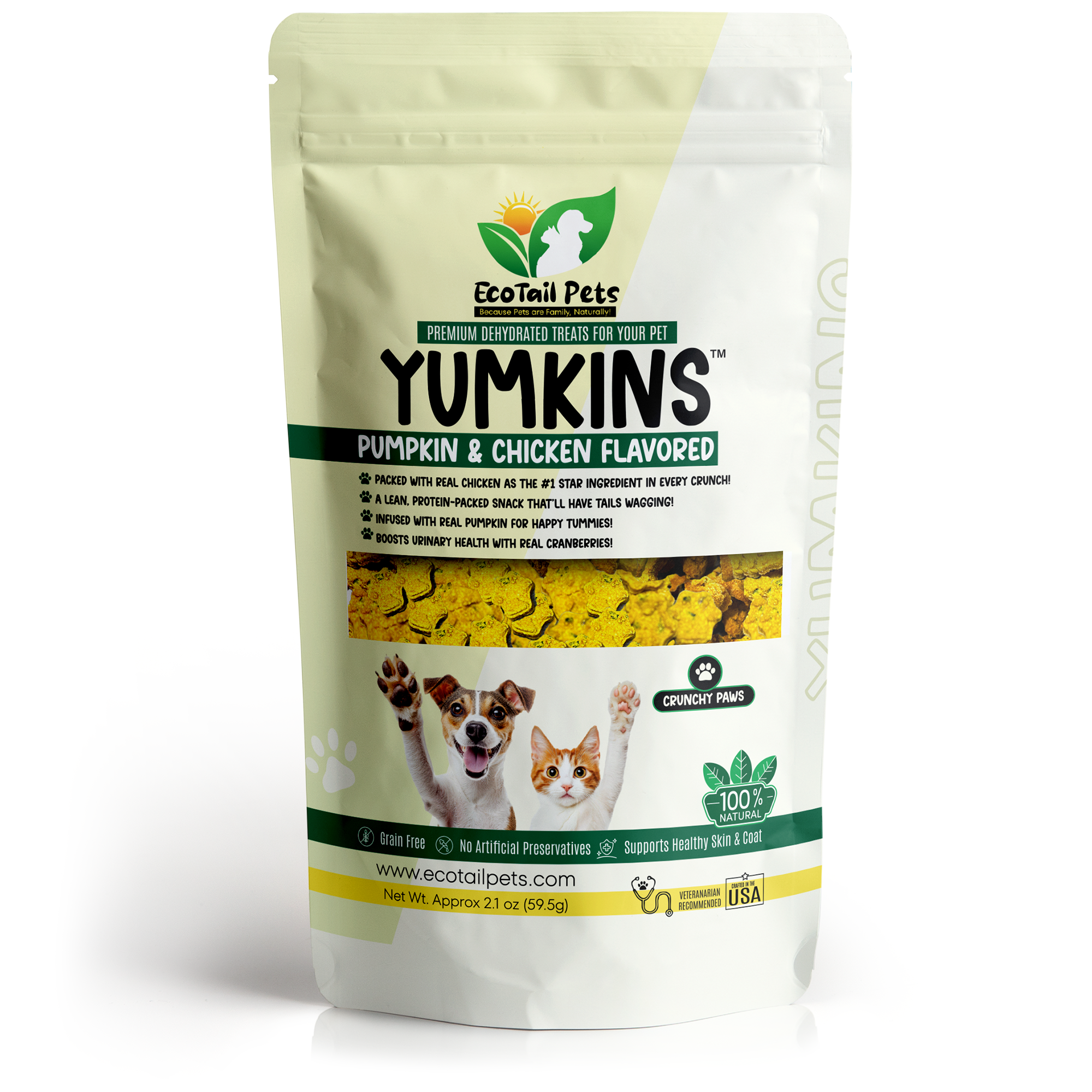 A pouch of Yumkins pumpkin and chicken flavored treats for dogs and cats, showing an image of the treats and pets on the front.