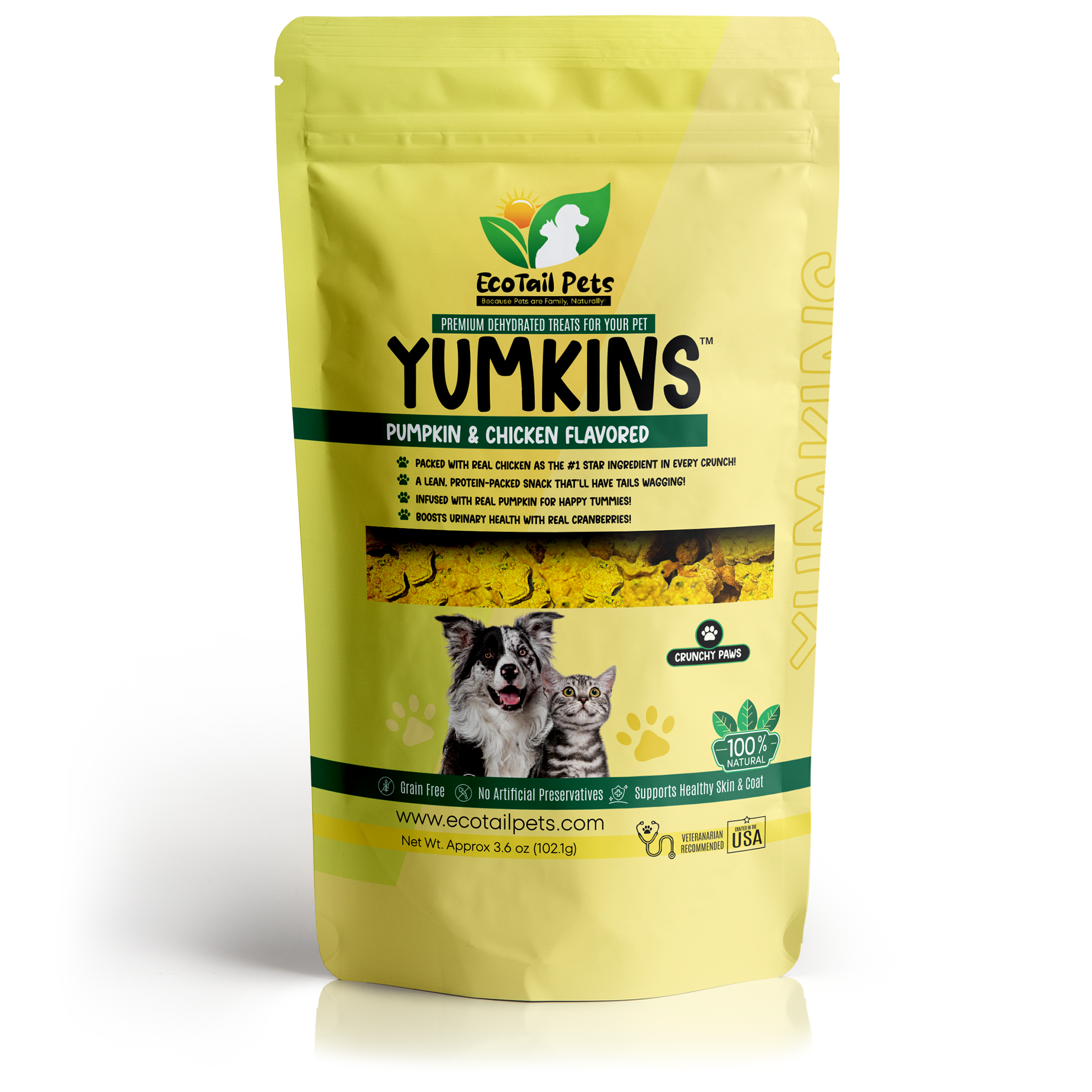 Yellow pet treat package with dog and cat image on a white background