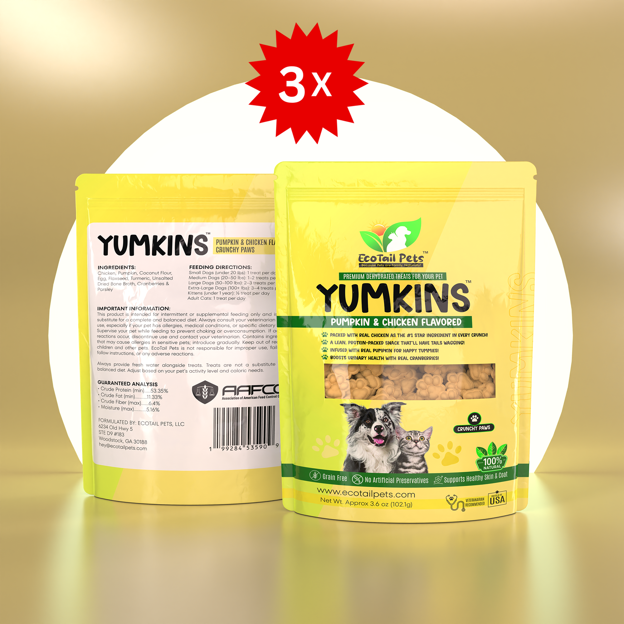 Three packages of Yumkins brand pumpkin and chicken flavored treats for cats and small dogs, with an image of the treats and a cat on the packaging.