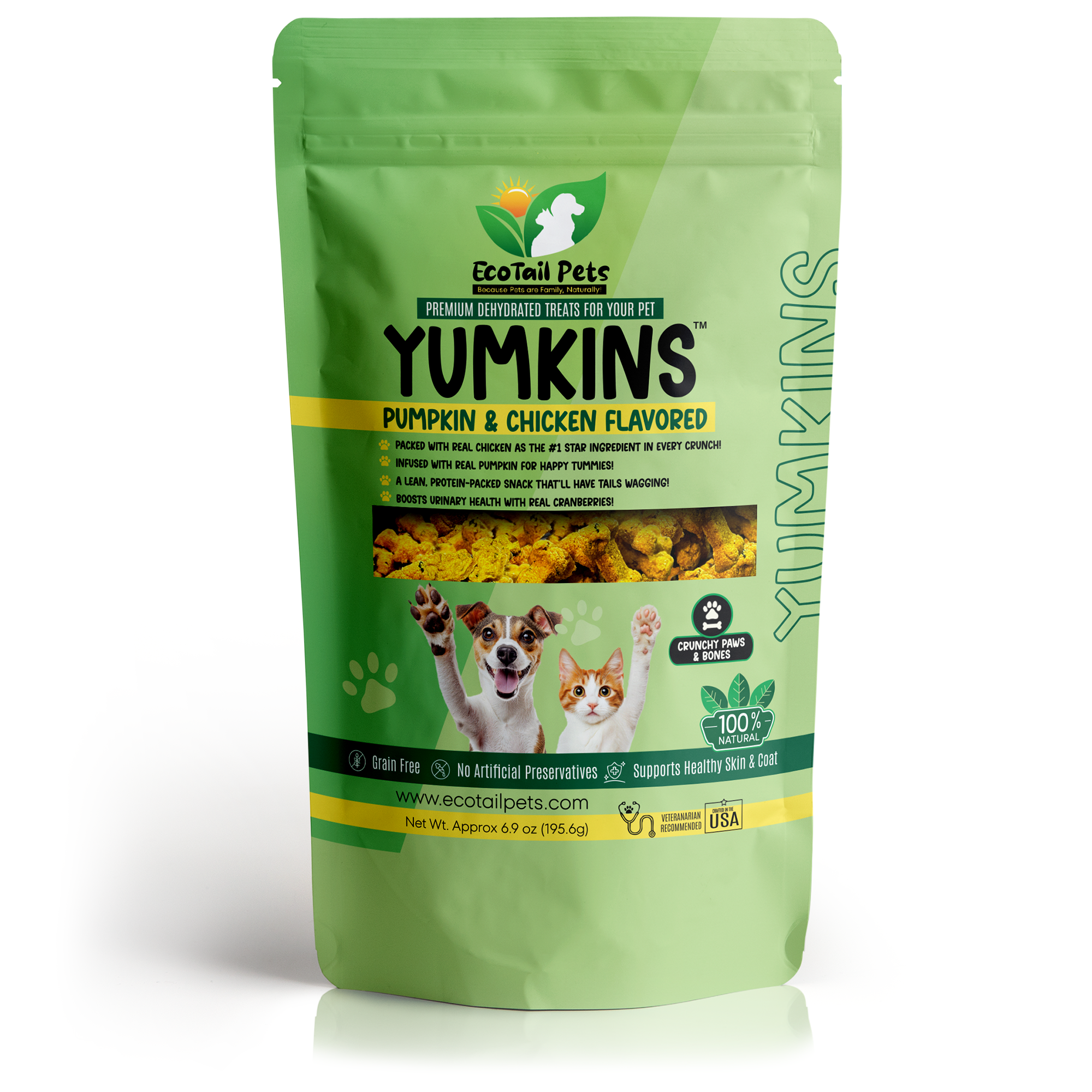 Green pet treat packaging with pumpkin and chicken flavor details.