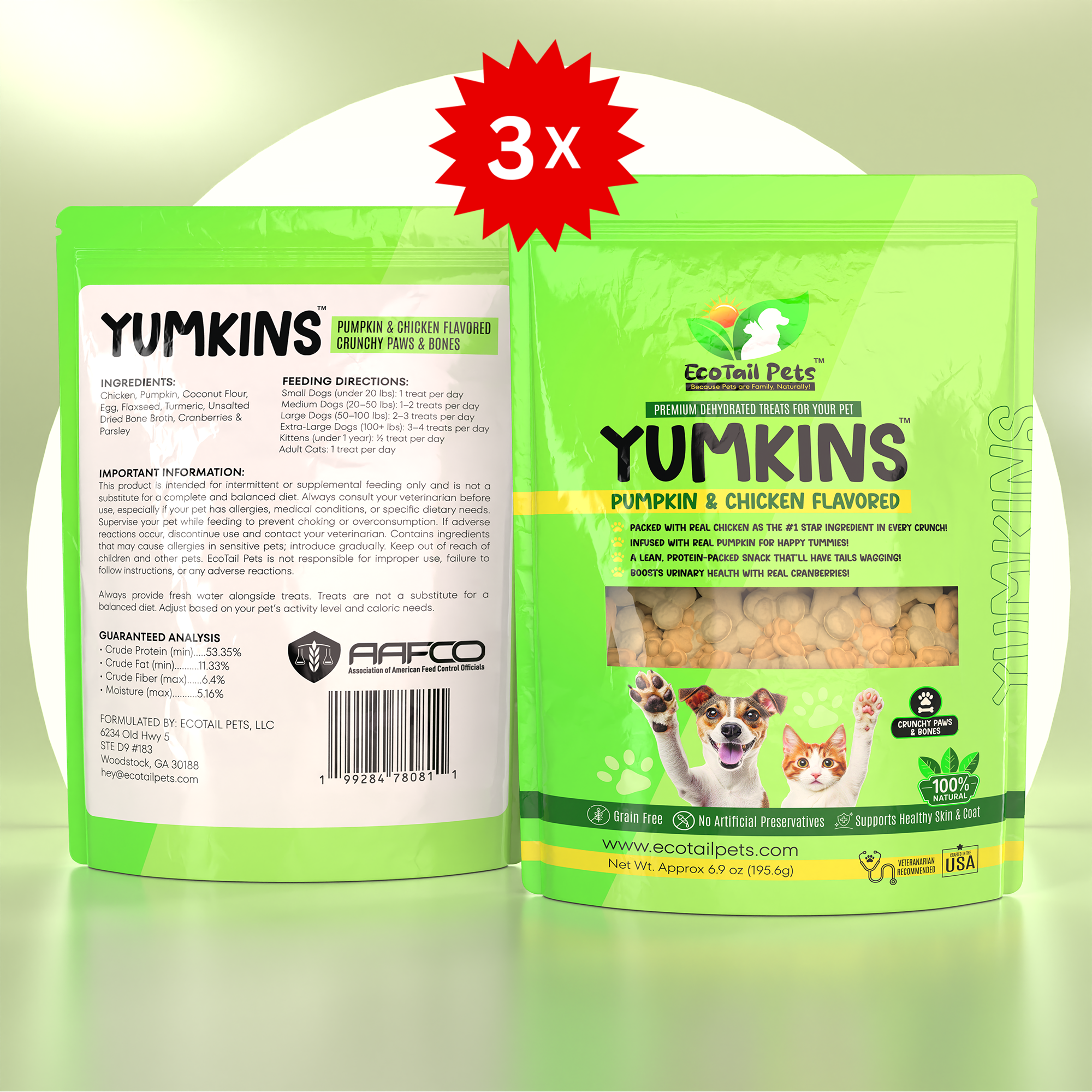 Package of Yumkins brand pumpkin and chicken flavored treats in the shape of paws and bones for cats and small dogs, with a subscription label indicating a bundle of three 6.9oz bags.