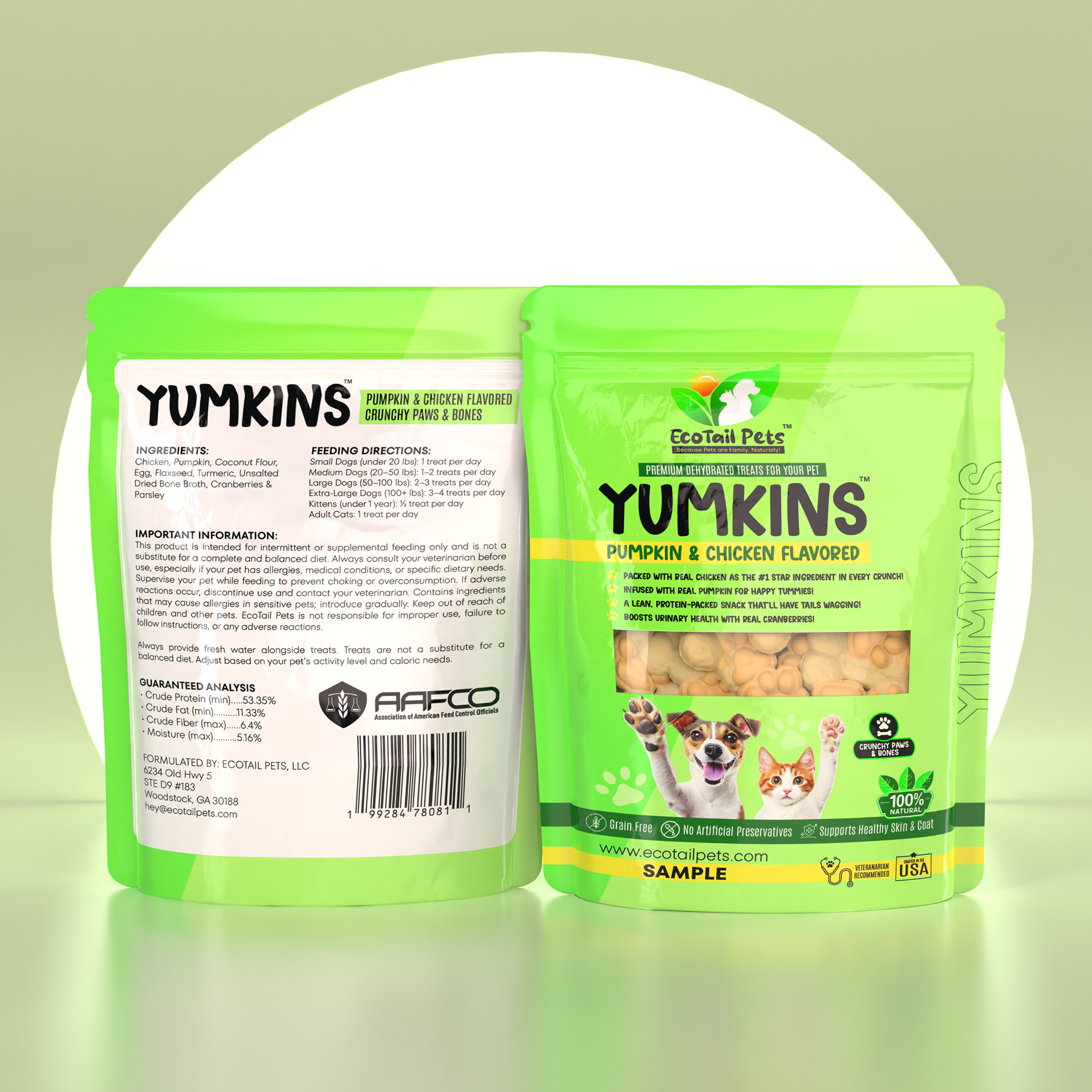 Green pet food packaging with front and back views on a light green background