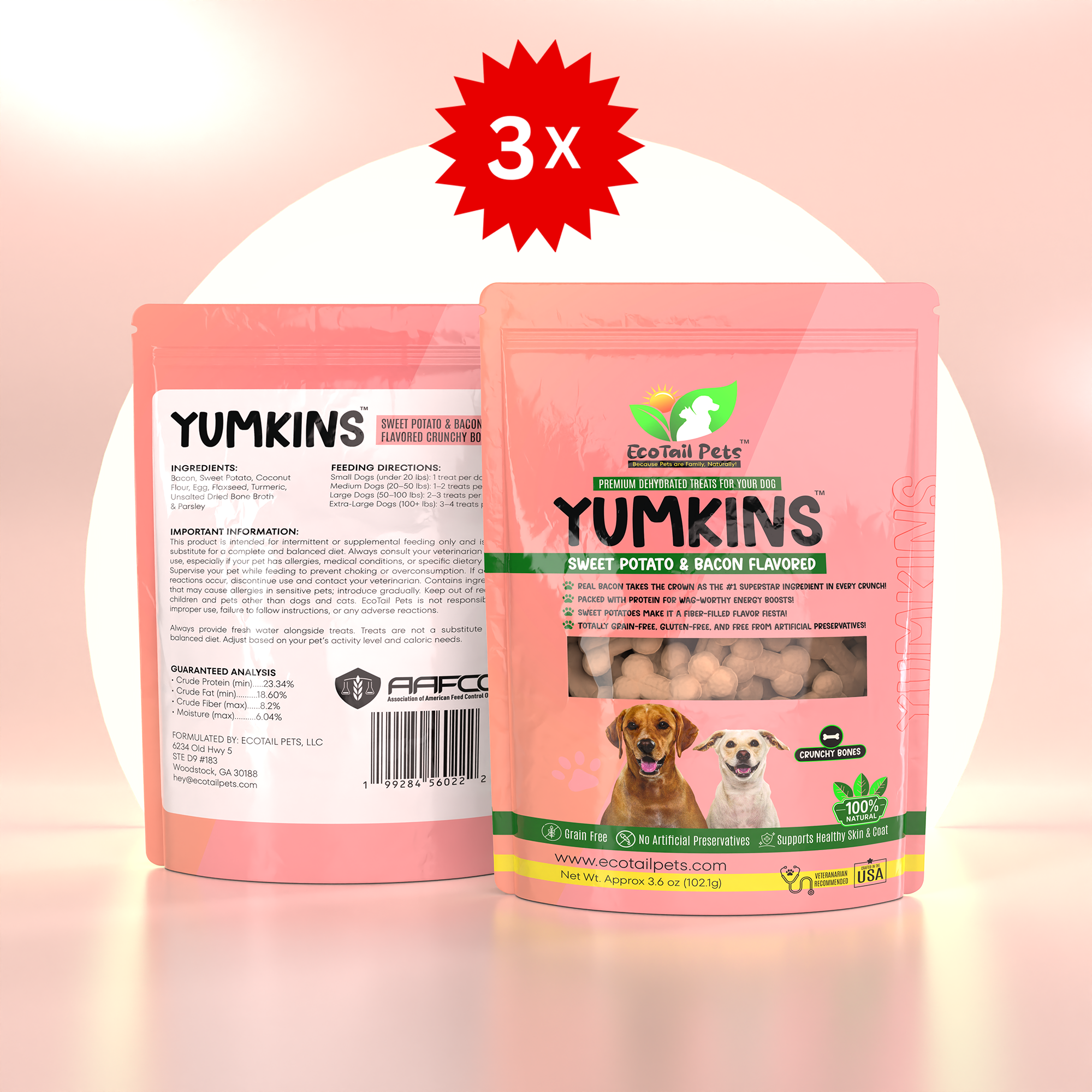 Three packages of Yumkins Sweet Potato & Bacon Flavored Bones dog treats, with branding and product information displayed.