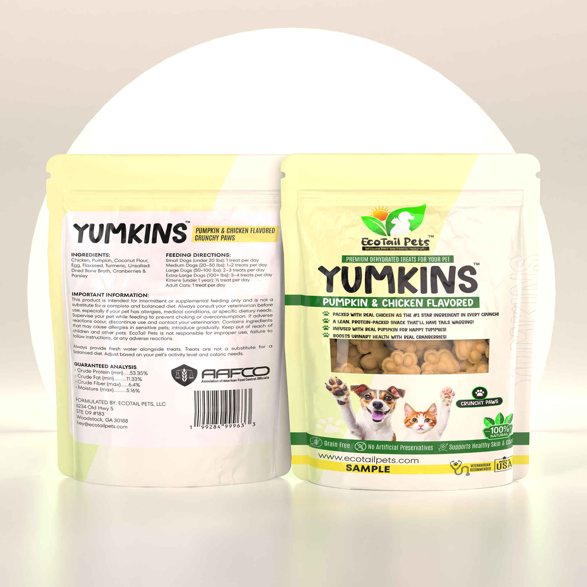 Pet treat packaging with front and back views on a neutral background.