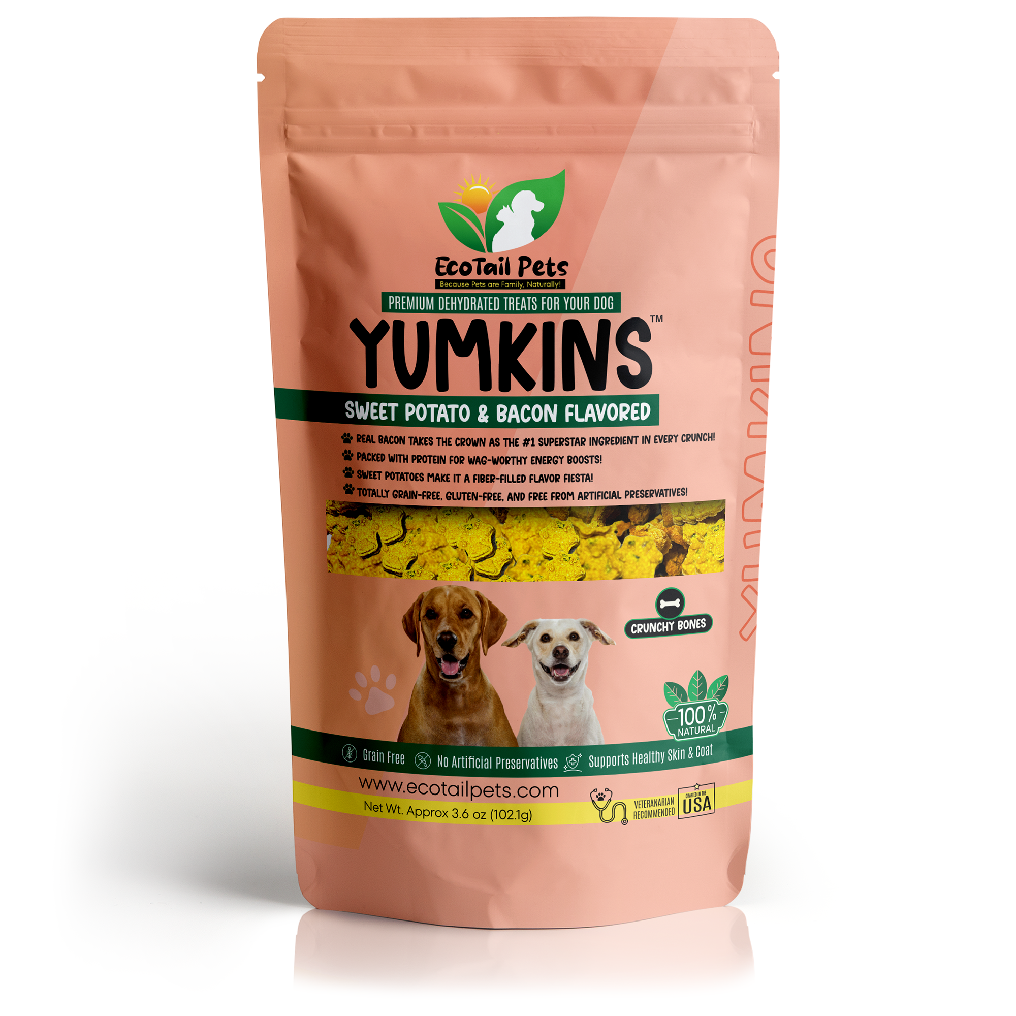 Pink package of dog treats with branding and product details.