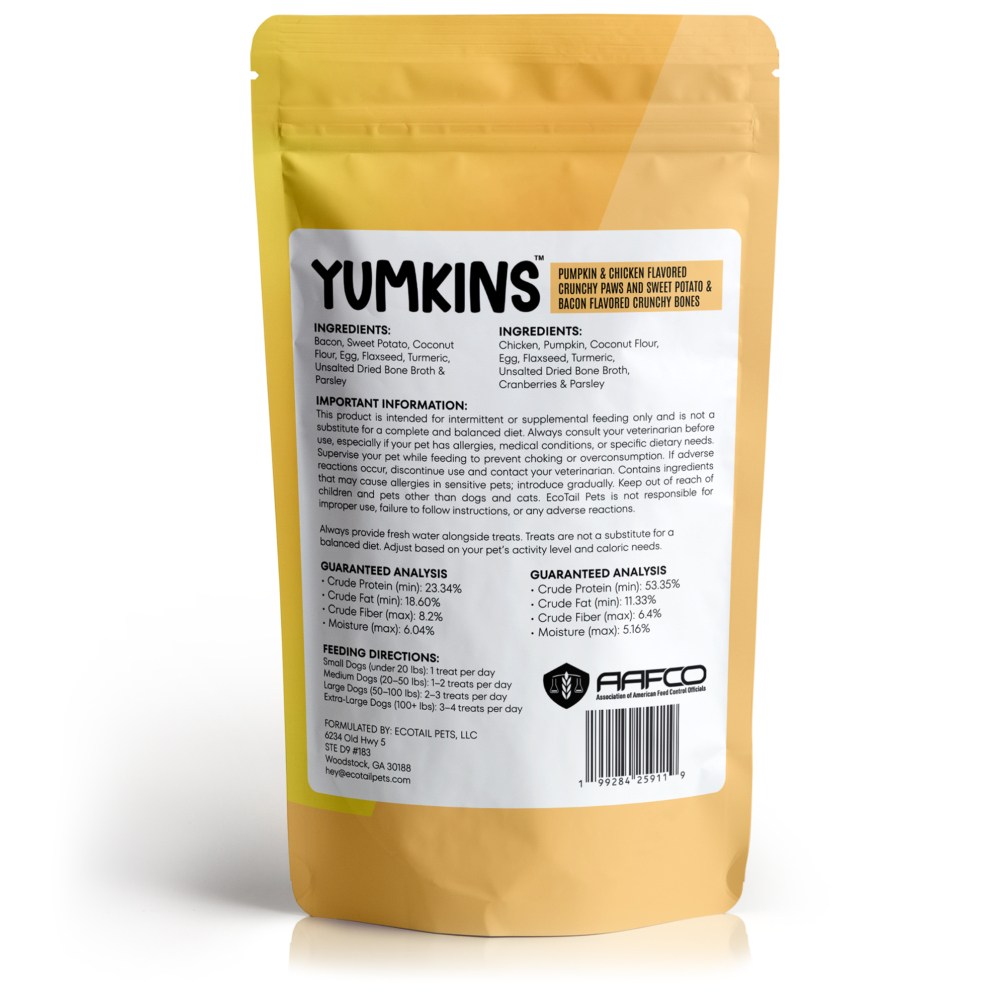 Yellow pet treat packaging with label showing ingredients and analysis.