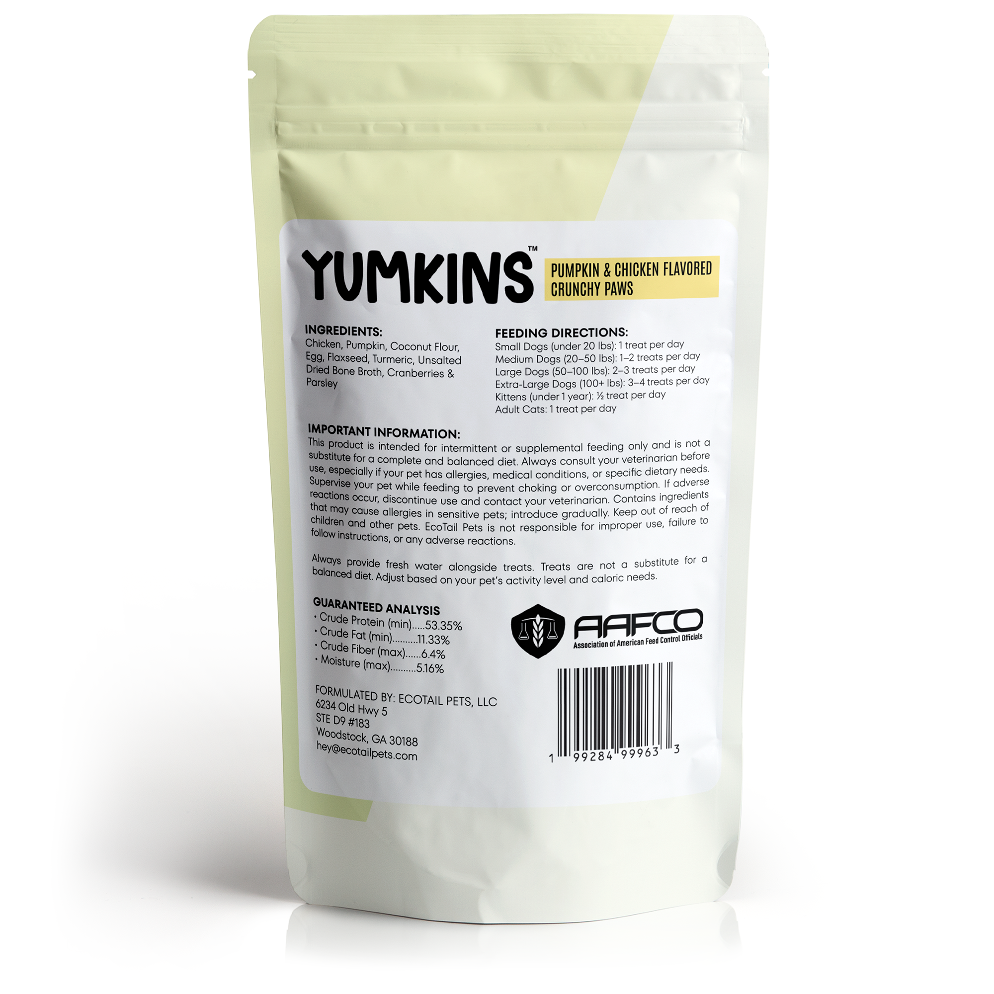 Pet treat packaging with detailed information on a white background