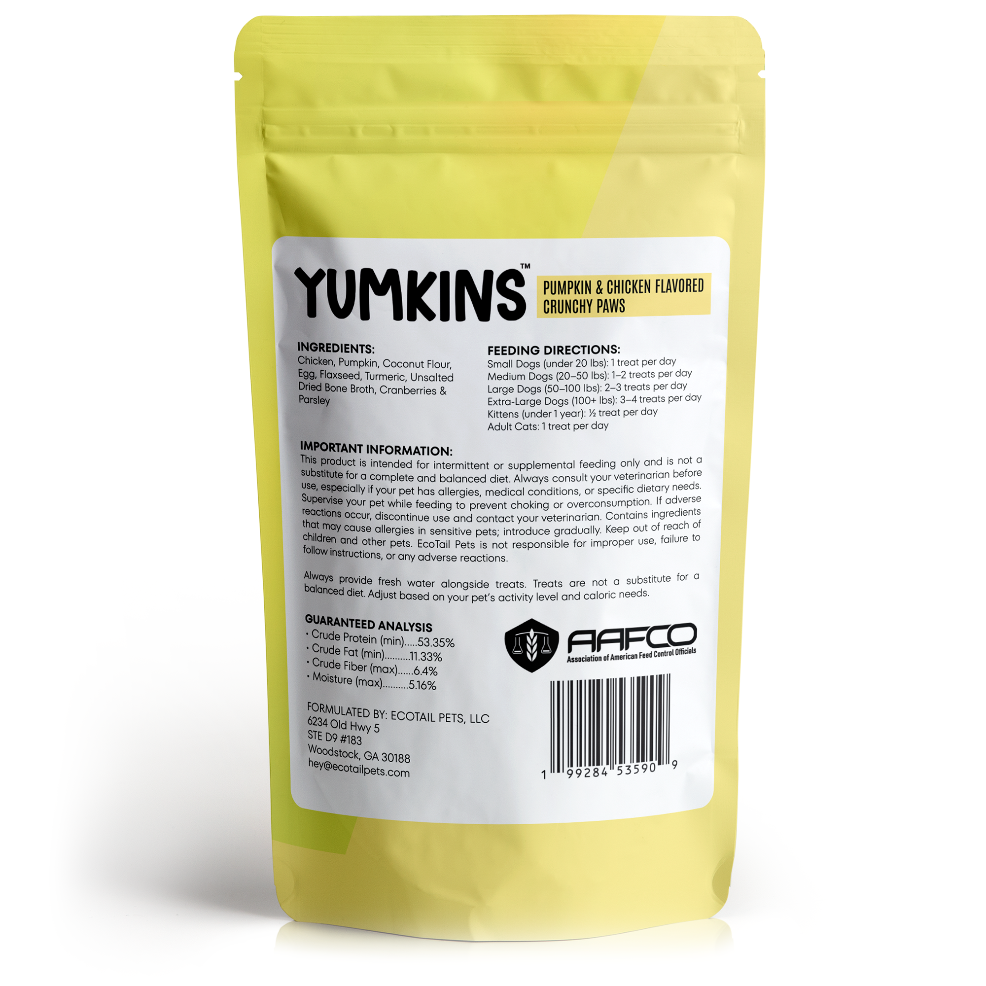 Yellow pet treat packaging with feeding directions and ingredients.
