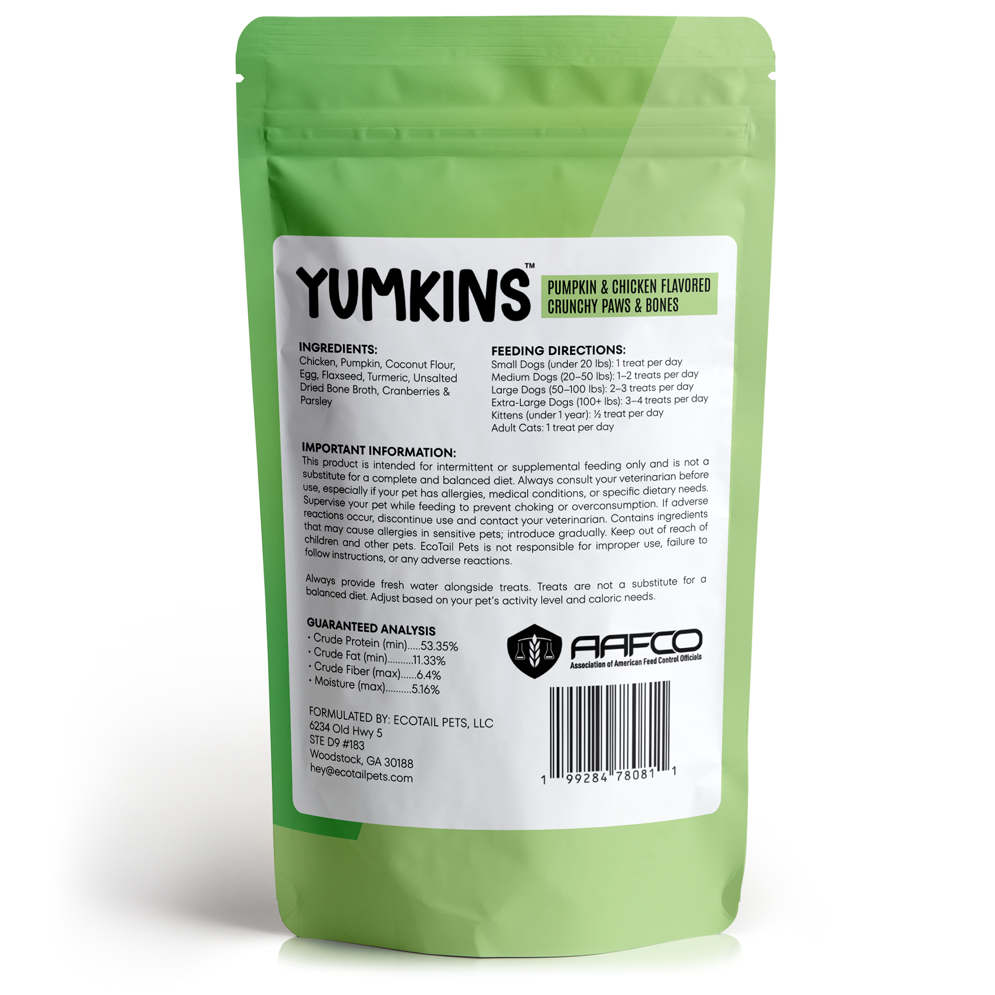 Green pet treat packaging with detailed text and bar code.