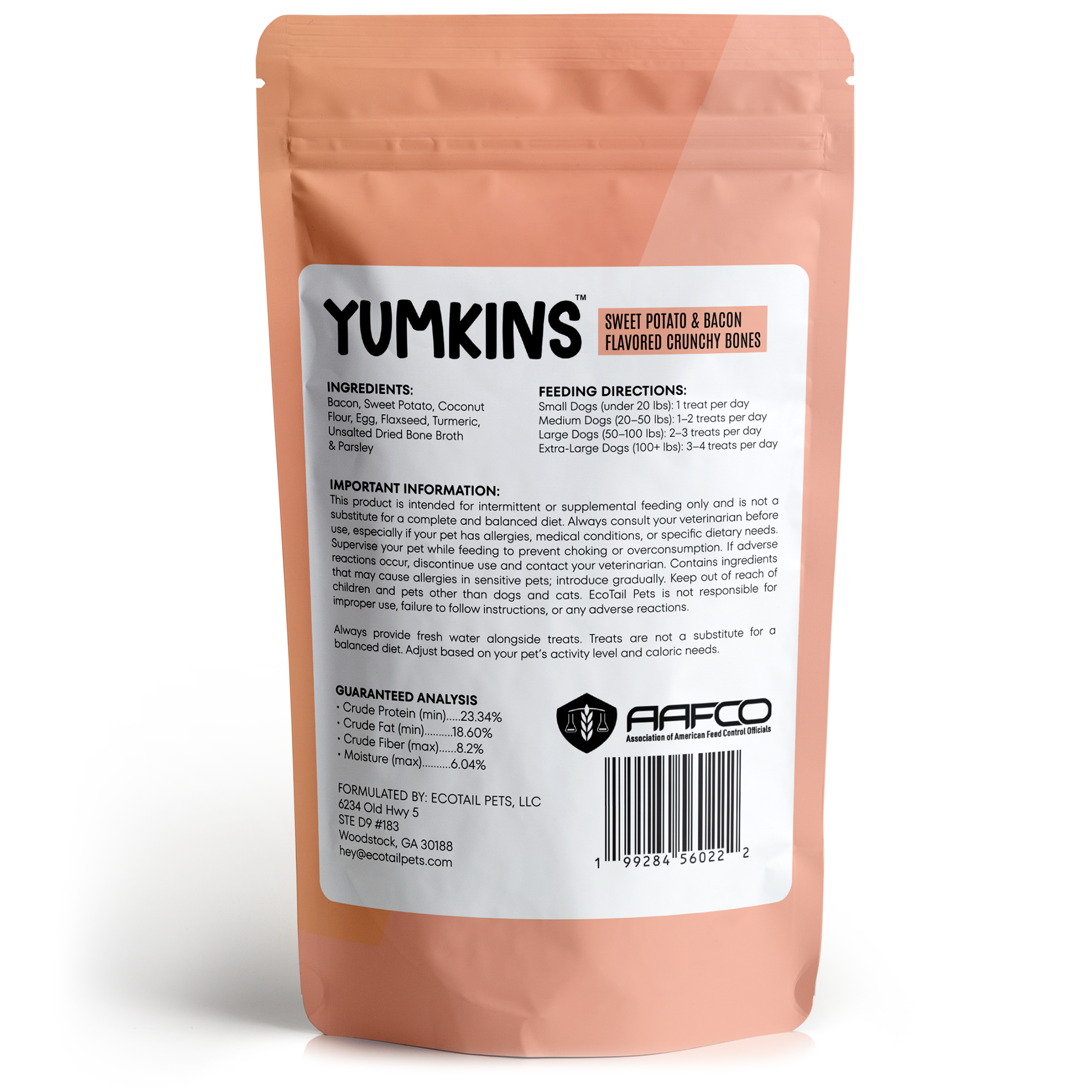 Pet treat package with branding and ingredient details on a white background.