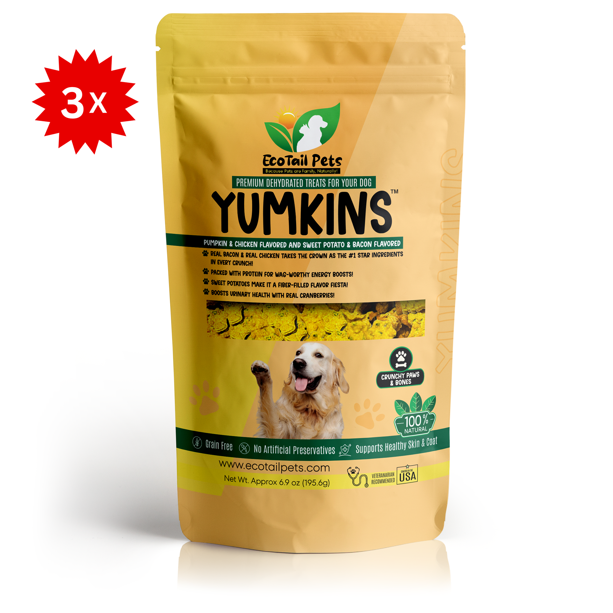 A package of Yumkins dog treats featuring pumpkin and chicken flavors, with an image of a dog and the treats displayed. The package indicates a 3x bundle.