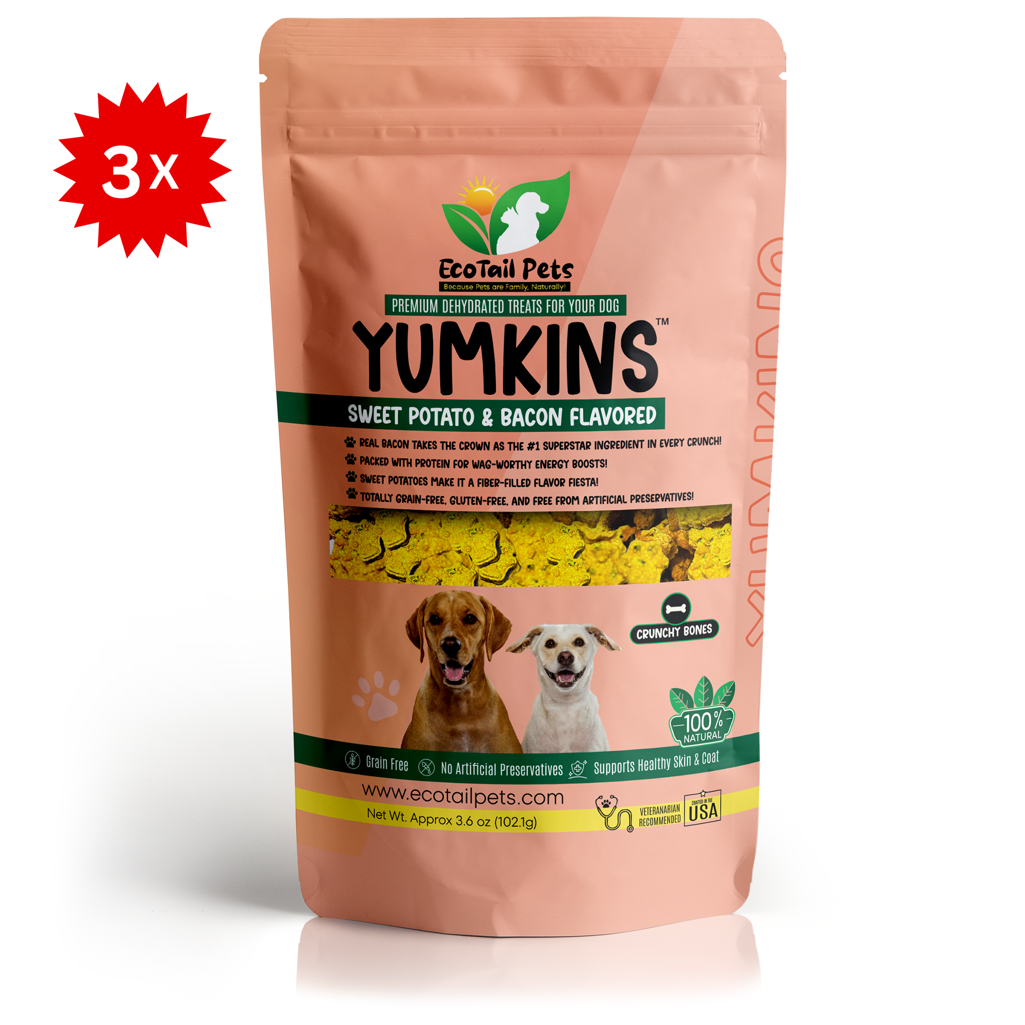 Package of Yumkins dog treats with sweet potato and bacon flavor, showing the product name and images of two dogs. The package indicates a bundle of three, with a total weight of 3.