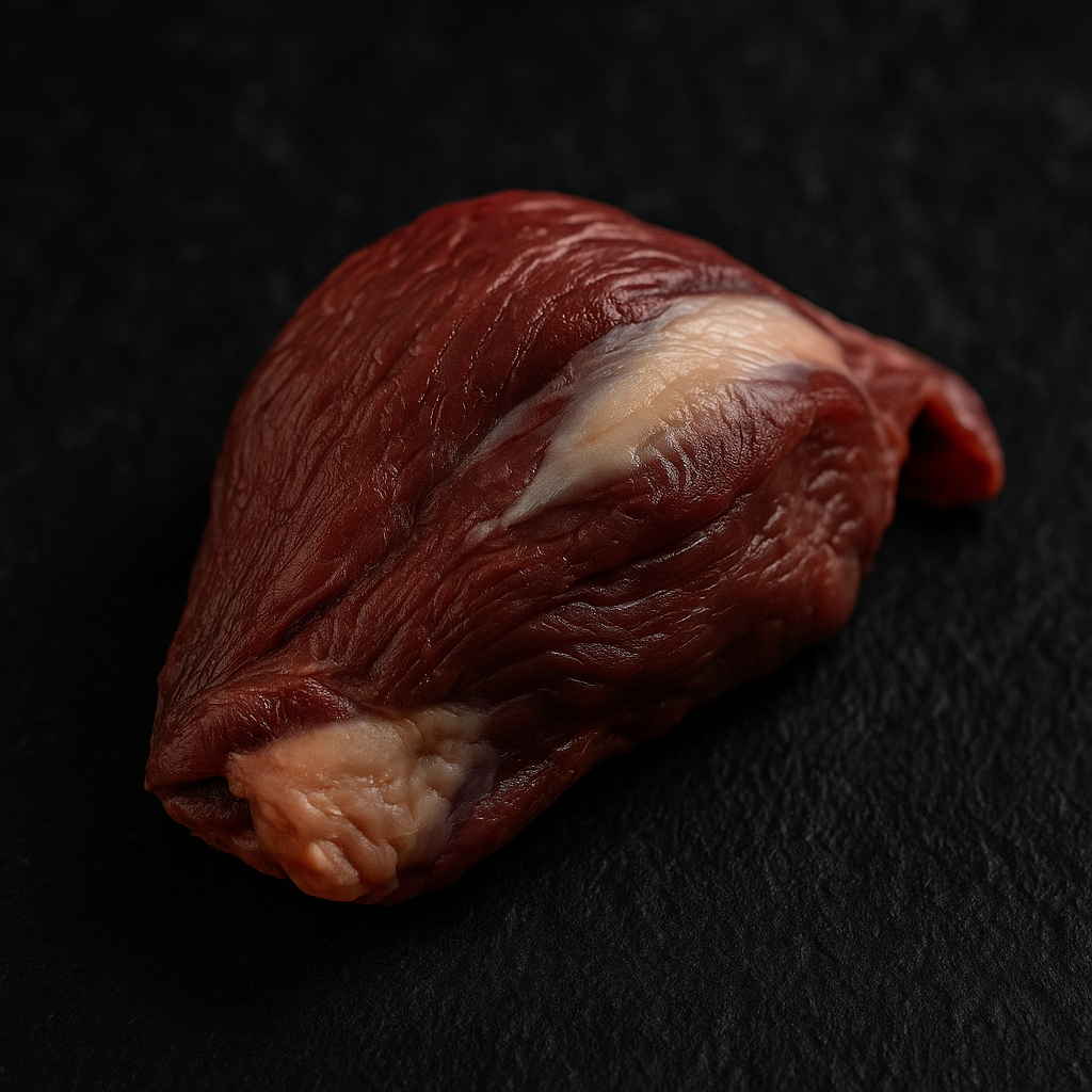Raw piece of duck gizzard meat on a black background