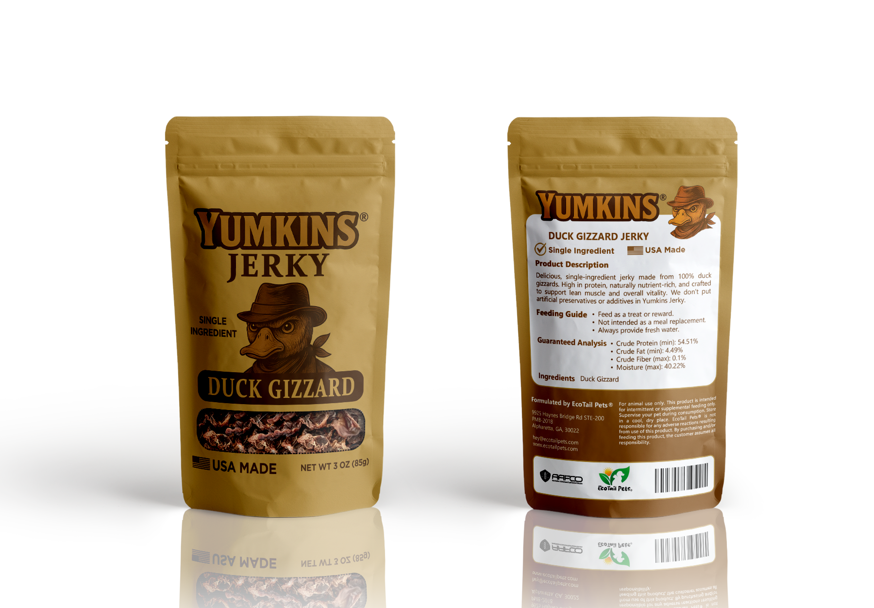 Two packages of Yumkins Jerky, one with a front view and one with a back view on a white background.