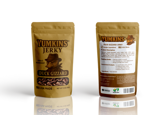 Two packages of Yumkins Jerky, one with a front view and one with a back view on a white background.