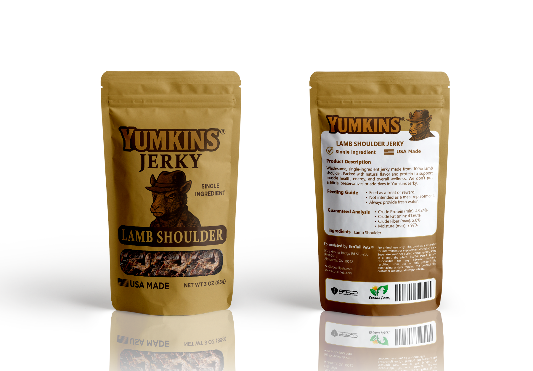 Yumkins Jerky Lamb Shoulder packages on a white background