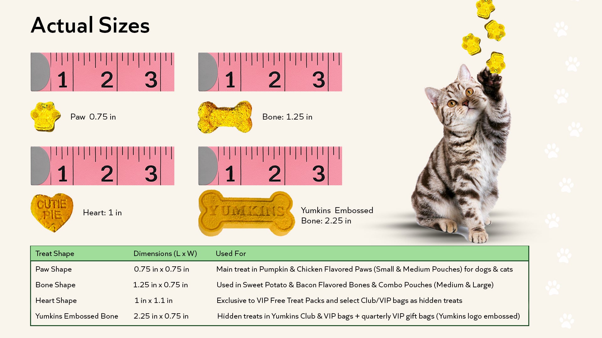 Cat standing on a scale with treat sizes displayed, including paw, bone, and heart-shaped treats.