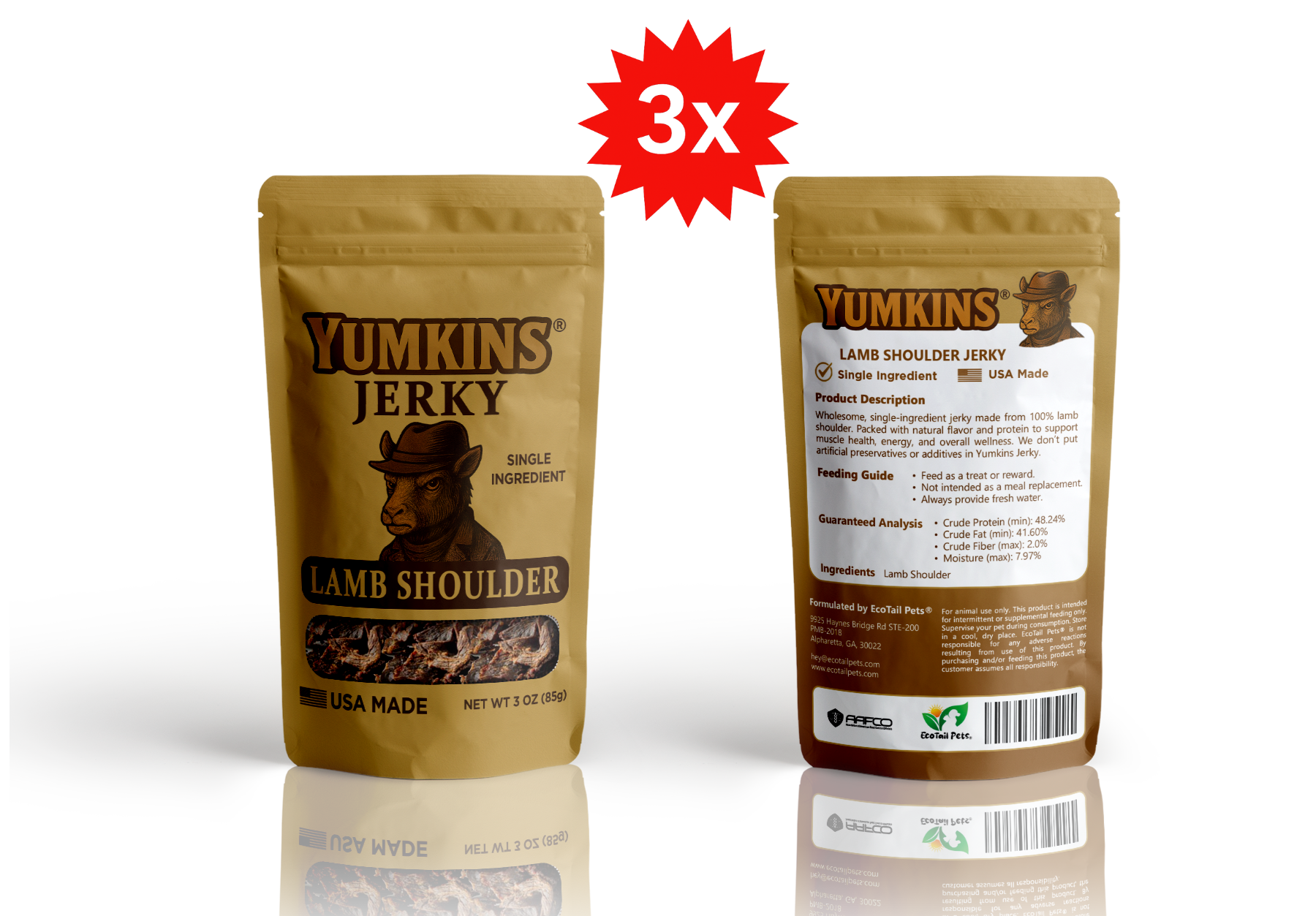 Front and Back Yumkins Jerky packages, one with a red star and '3x' label, on a white background.