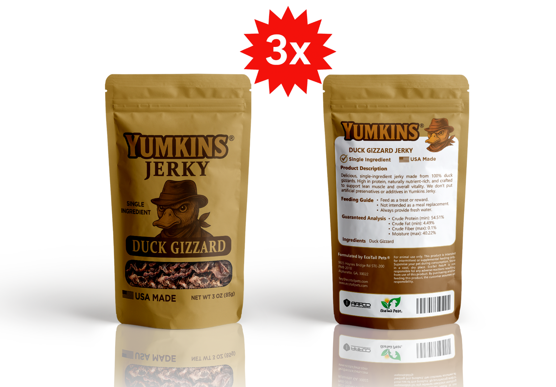 Front and back packages of Yumkins Jerky with a red starburst and '3x' text on a white background.