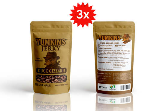 Front and back packages of Yumkins Jerky with a red starburst and '3x' text on a white background.
