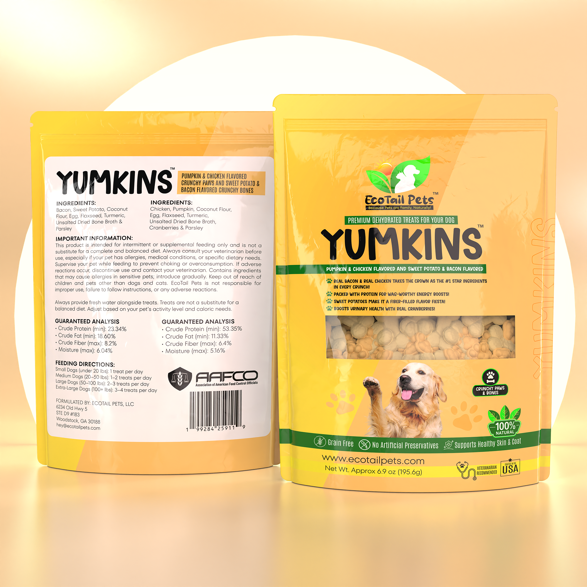 Yumkins® mixed-flavor treats pouch facing front; Pumpkin & Chicken Paws + Sweet Potato & Bacon Bones. Yumkins® mixed-flavor treats pouch facing back with ingredients and nutrition panel