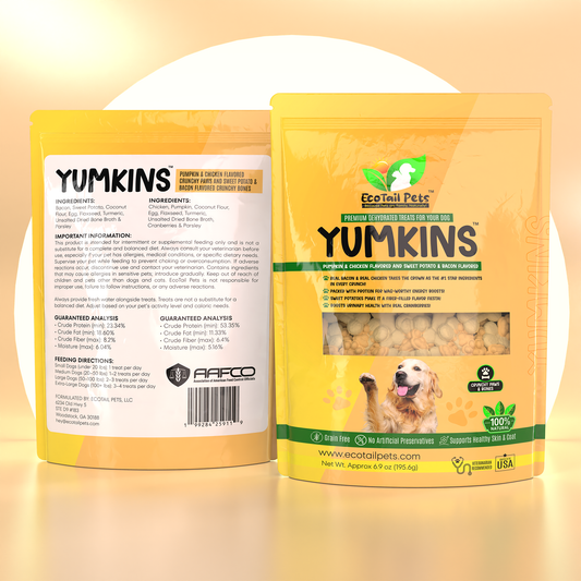 Yumkins® mixed-flavor treats pouch facing front; Pumpkin & Chicken Paws + Sweet Potato & Bacon Bones. Yumkins® mixed-flavor treats pouch facing back with ingredients and nutrition panel