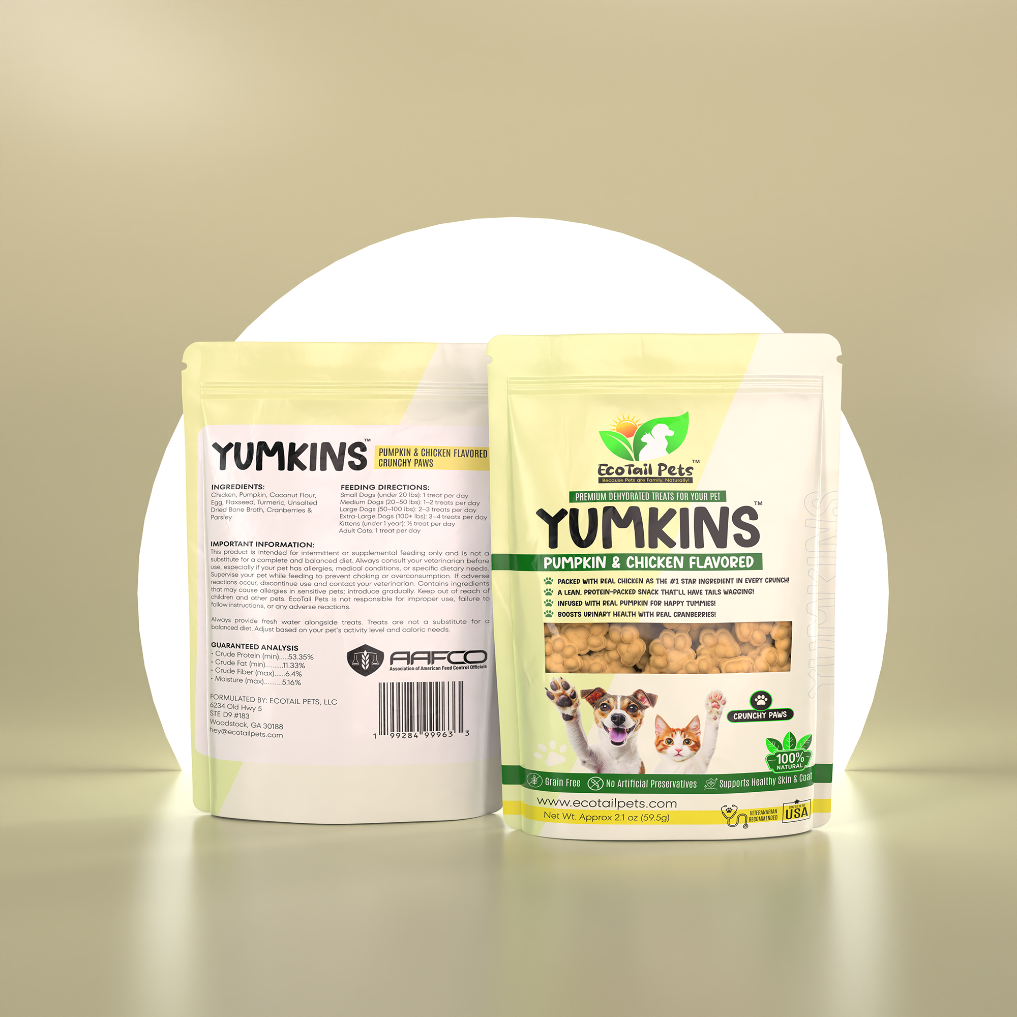 Packaging of Yumkins Pumpkin & Chicken Flavored Paws for dogs and cats. The package is single-sized with 2.