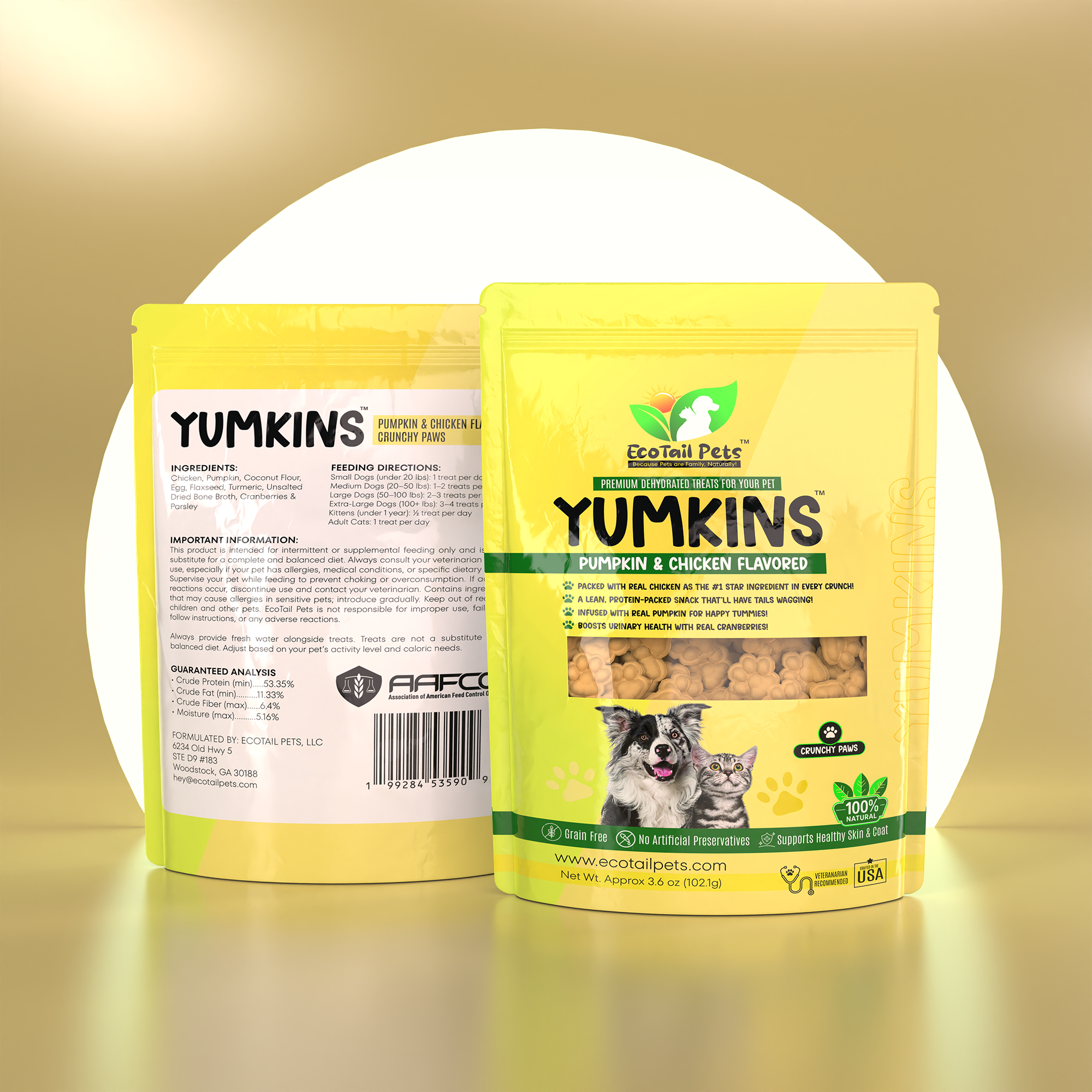 Packaging for Yumkins Pumpkin & Chicken Flavored Treats for dogs and cats. The package is yellow with images of the treats and a dog and cat on the front.