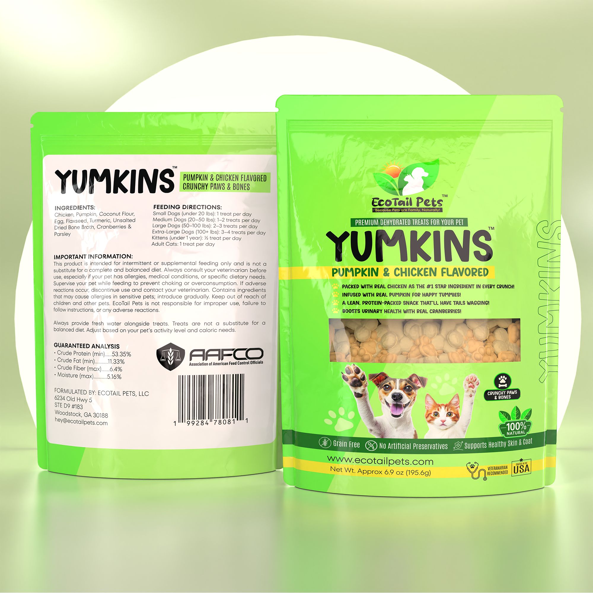 Packaging of Yumkins Pumpkin & Chicken Flavored Paws and Bones for dogs and cats. The package is green and displays the product name, images of the treats, and additional information such as '100% Natural', 'Grain-Free', and 'Made in USA'.