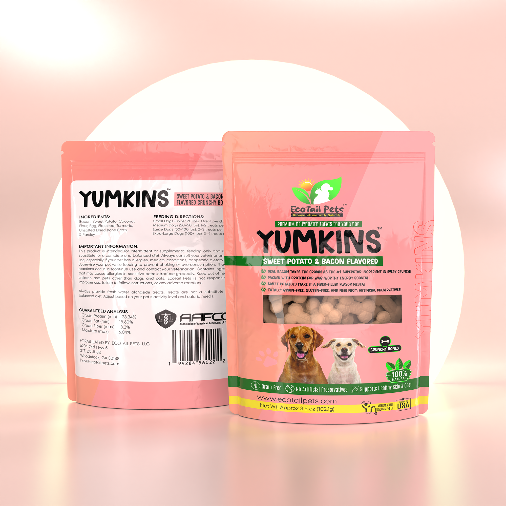 Packaging for Yumkins Sweet Potato & Bacon Flavored Bones for dogs. The package is pink with images of the product and dogs on it, along with nutritional information and a barcode.