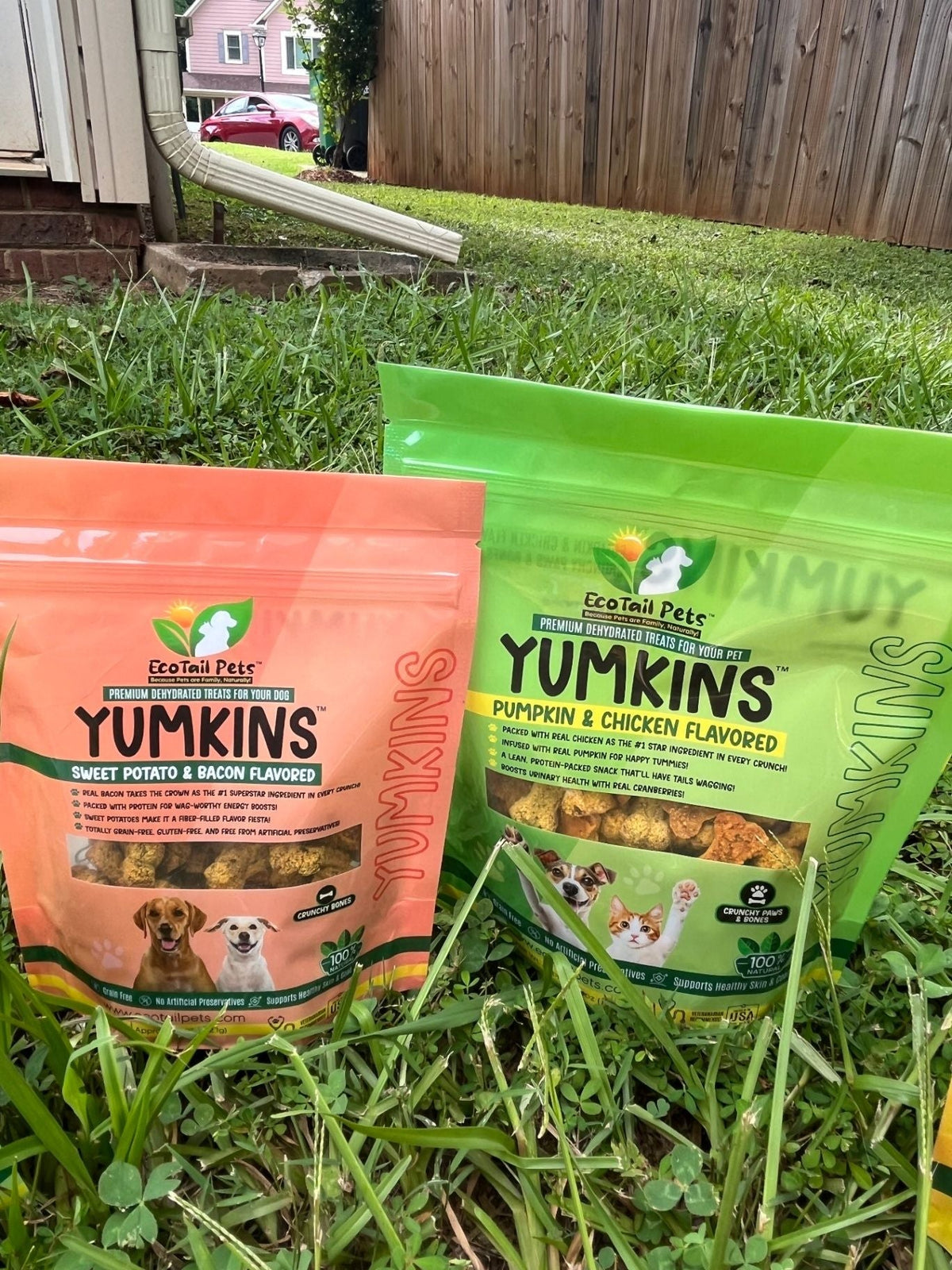 Yumkins Pumpkin and Chicken and Sweet Potato and Bacon treat bags displayed outdoors on green grass