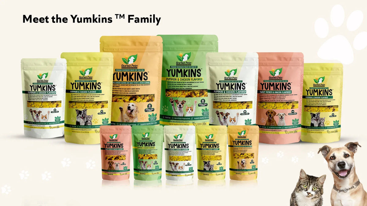 Yumkins high protein pet treats displayed with a happy dog and cat