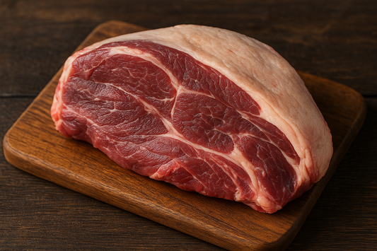 Raw lamb shoulder on a wooden cutting board with a dark background